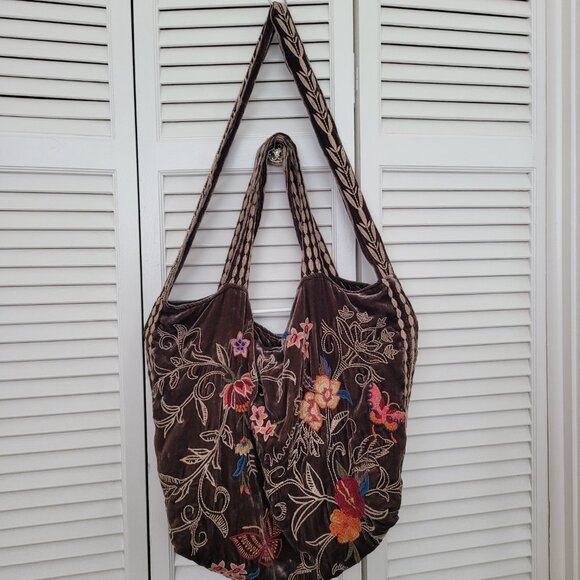 Johnny Was Taline Velveteen Hobo Tote Bag in Coffee Bean Brown - Picture 2 of 9